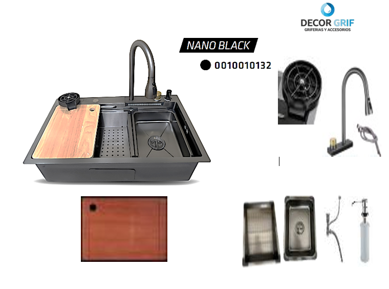 LAVADERO MULTIFUNCIONAL DELUXE (P) ACERO INOX. NANOBLACK C/MEZC. 75X46X23 CM FRATELLI