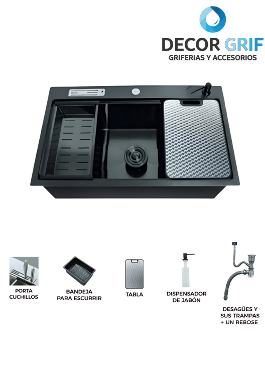 LAVADERO MULTIFUNCIONAL MARVELOUS DE ACERO INOX BLACK C/ACCES 81X48X23CM