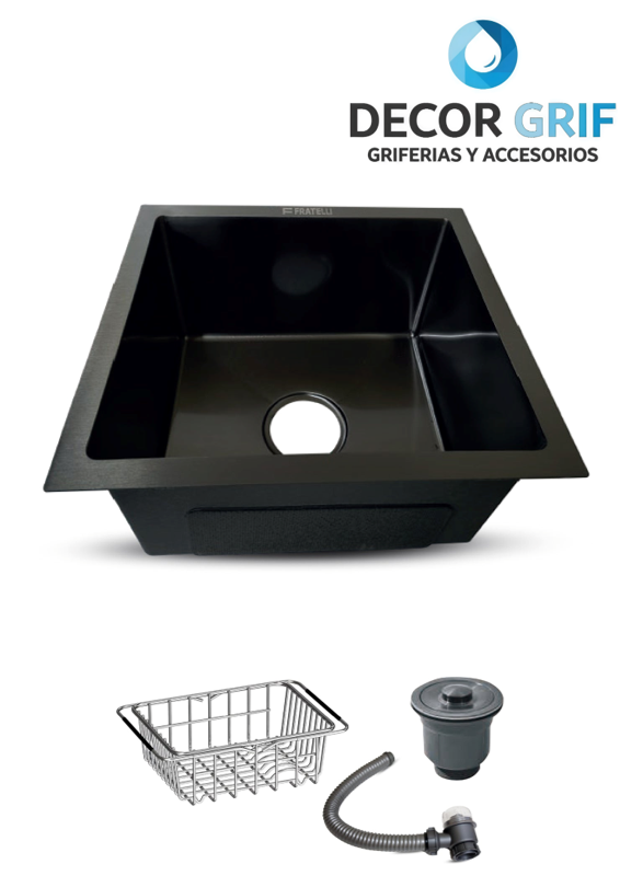 LAVADERO PRIME ACERO 304 BLACK C/DESAGUE Y CANASTILLA 43X39X23CM NPRM-4339B FRATELLI