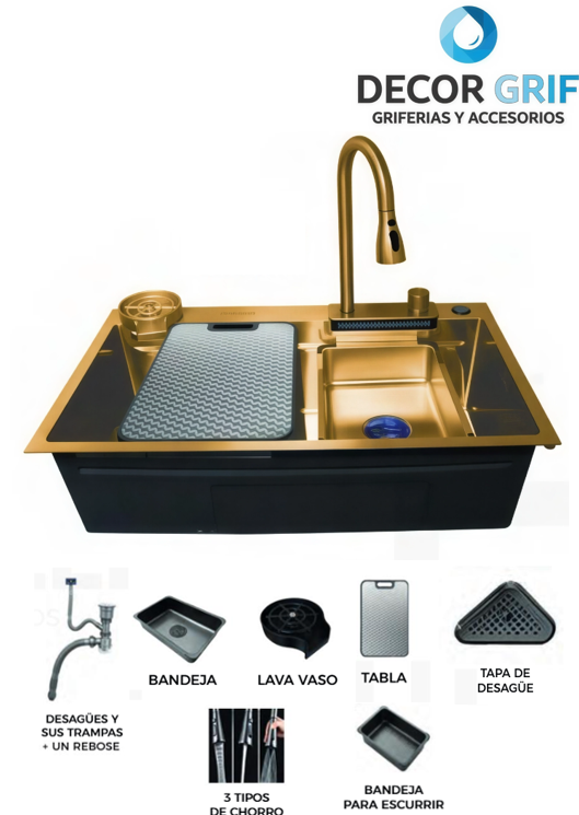 LAVADERO MULTIFUNCIONAL MARVELOUS ACERO INOX GOLD C/MEZCLADORA Y ACCESORIO 82X50X23CM FRATELLI