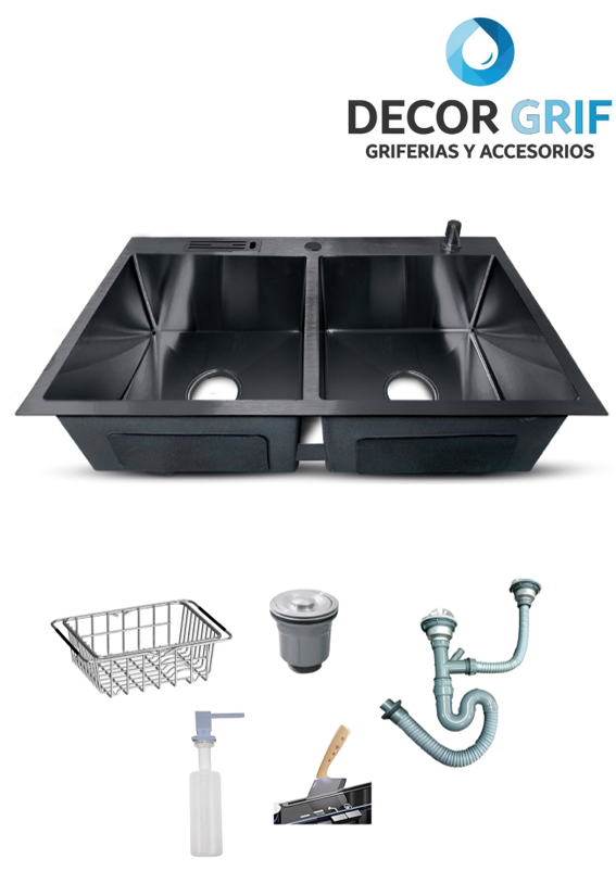 LAVADERO PRIME ACERO INOXIDABLE BLACK DOBLE POZA C/ACCESORIOS 84X48X23CM PRM-8448 FRATELLI