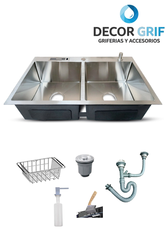 LAVADERO PRIME ACERO INOXIDABLE SATINADO DOBLE POZA C/ACCESORIOS 84X48X23CM PRM-8448 FRATELLI