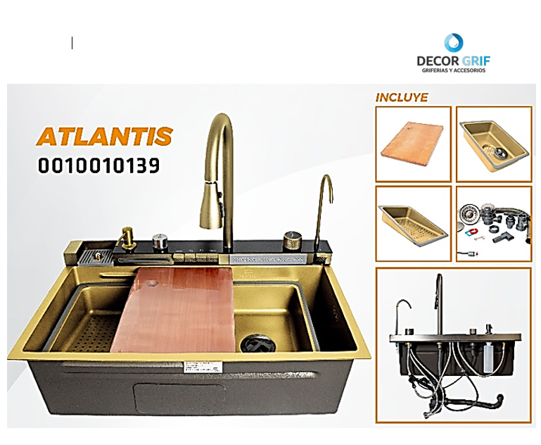 LAVADERO MULTIFUNCIONAL ATLANTIS DE ACERO INOX.GOLD C/MEZCLADORA +FILTRO DE AGUA (4 FUNCIONES) 75X46X23 CM-FRATELLI