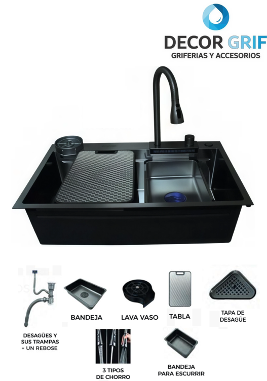 LAVADERO MULTIFUNCIONAL MARVELOUS ACERO INOX BLACK C/MEZCLADORA Y ACCESORIO 82X50X23CM FRATELLI