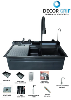 LAVADERO MULTIFUNCIONAL BALI ACERO INOX BLACK C/MEZCLADORA Y ACCESORIO 75X46X23CM FRATELLI